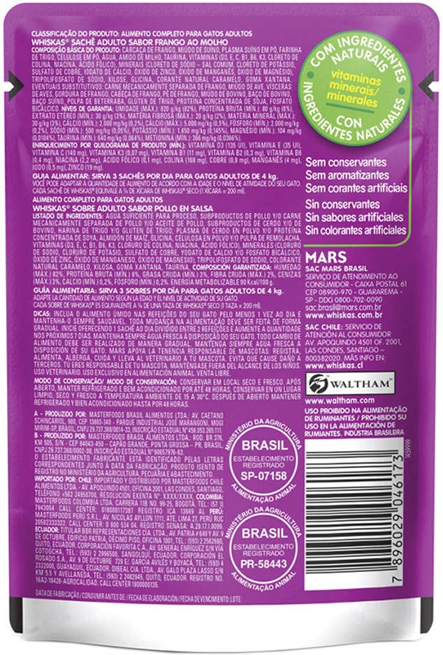 Ração Úmida Whiskas Sachê Frango ao Molho para Gatos Adultos