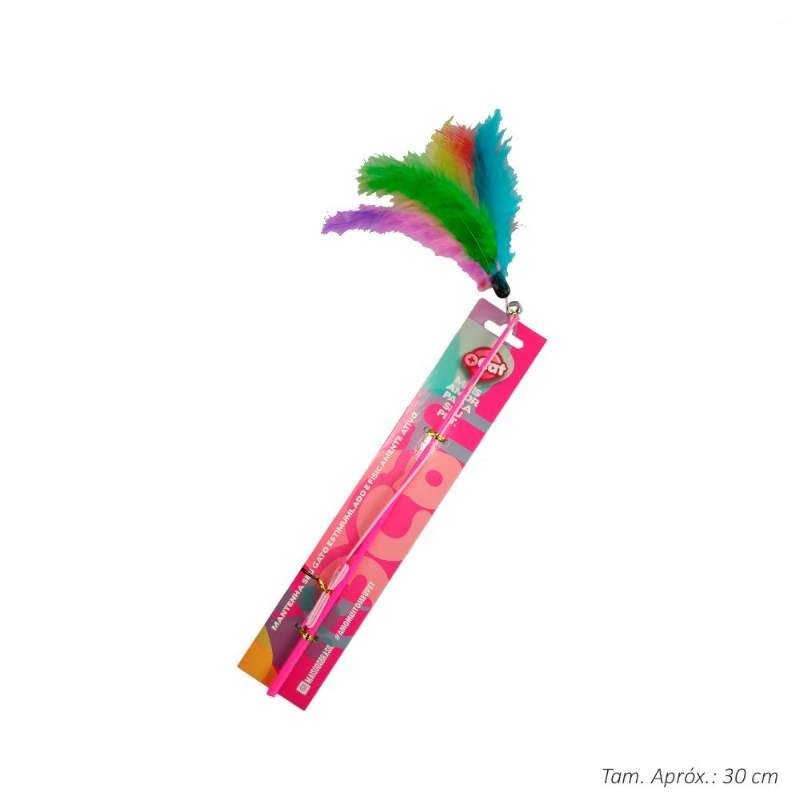 BRINQ GATO VARINHA PENAS ARCO IRIS 30CM